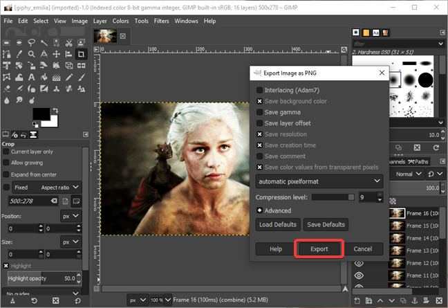 Lanzar capas de exportación en GIMP