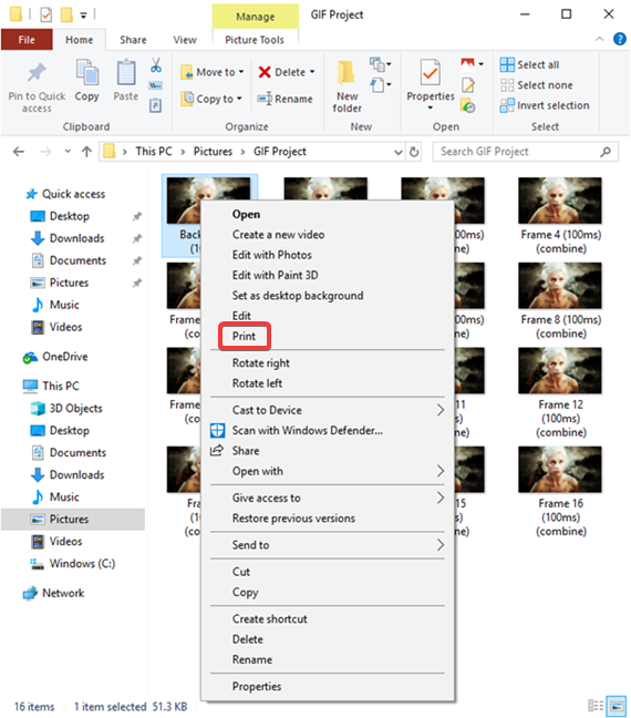 Imprima los marcos GIF extraídos en Windows