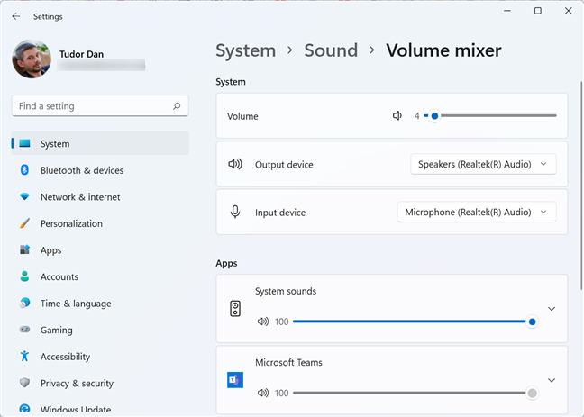 El mezclador de volumen en Windows 11