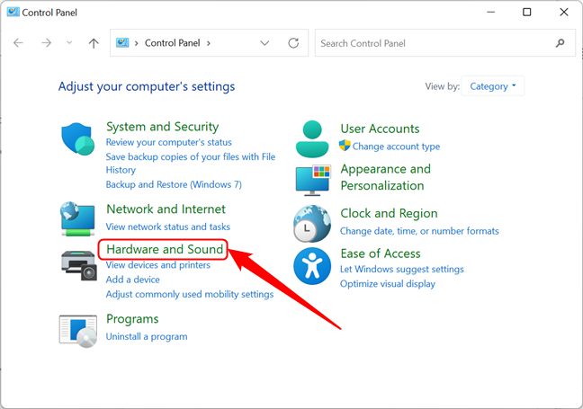 Vaya a Hardware y sonido en el Panel de control