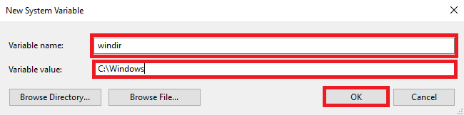 use windir y para Valor variable use C Windows y haga clic en Aceptar para guardar los cambios. Arreglar el sistema no pudo encontrar la opción de entorno que se ingresó
