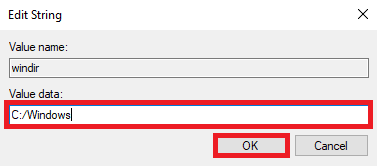 En los datos del valor, ingrese C Windows y haga clic en Aceptar para guardar los cambios. cómo configurar la variable de entorno