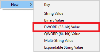 haga clic con el botón derecho en el espacio negro y haga clic en Nuevo y luego en Valor DWORD de 32 bits. cómo configurar la variable de entorno