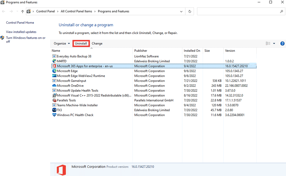 haga clic en Desinstalar.  Solucione el error 1310 Verifique que tenga acceso a ese directorio