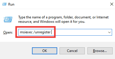 escriba msiexec unregister y presione la tecla enter