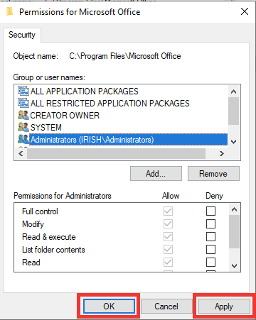 Haga clic en Aplicar y Aceptar.  Solucione el error 1310 Verifique que tenga acceso a ese directorio