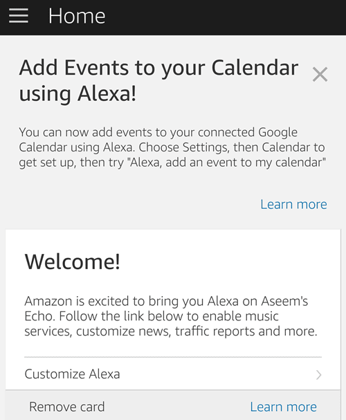 pantalla de inicio de la aplicación alexa