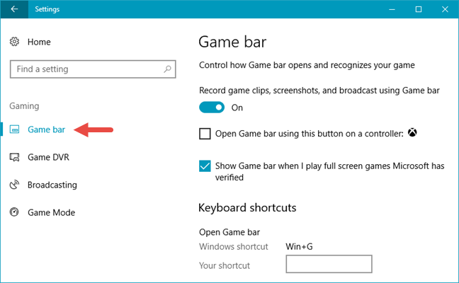 Windows 10, barra de juegos, accesos directos