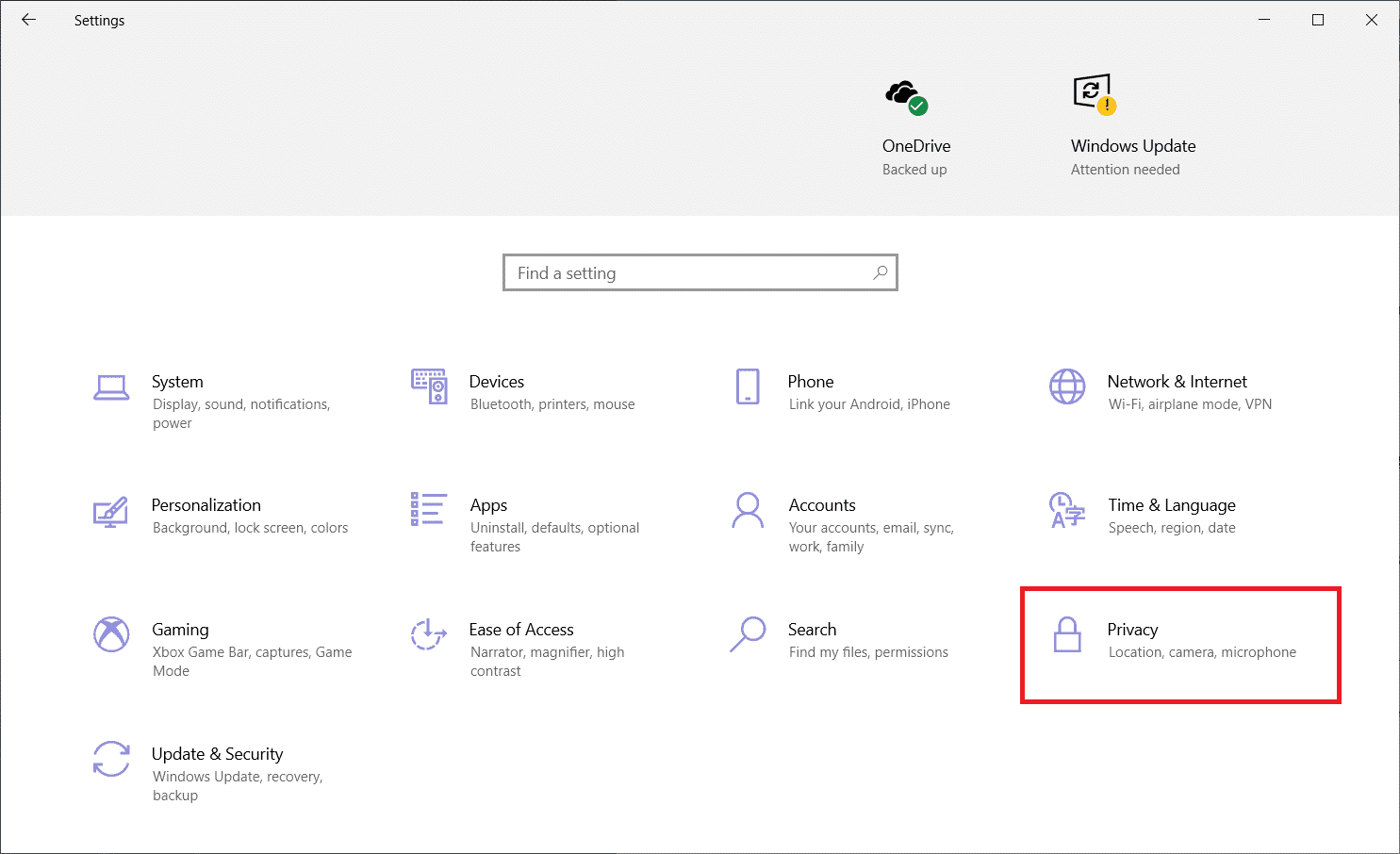 En la aplicación Configuración, haga clic en la opción 'Privacidad'