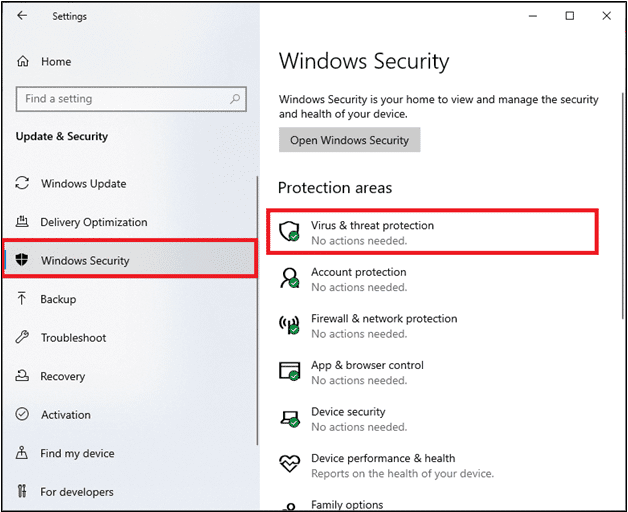 Opción de seguridad de Windows en el panel izquierdo.  Protección contra virus y amenazas seleccionada en el panel derecho.  Reparar No hay cámaras conectadas en Windows 10