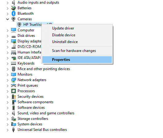 Opción de propiedades del controlador de cámaras.