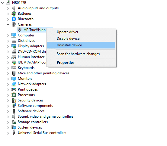 Opción de desinstalación del controlador de cámaras.