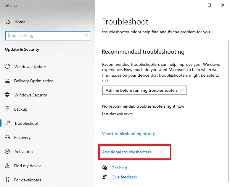 Ventana de solución de problemas.  Solucionadores de problemas adicionales resaltados.  Reparar No hay cámaras conectadas en Windows 10