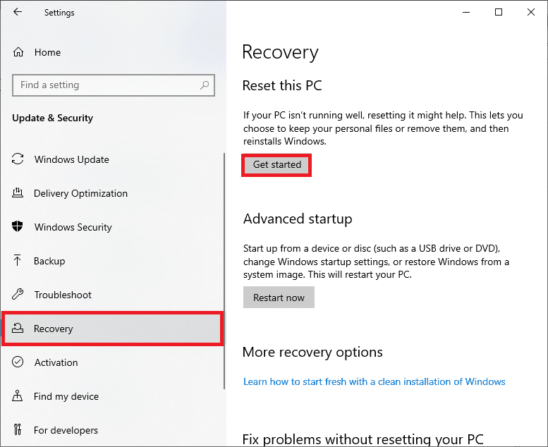 Ventana de opciones de recuperación.  Reparar No hay cámaras conectadas en Windows 10