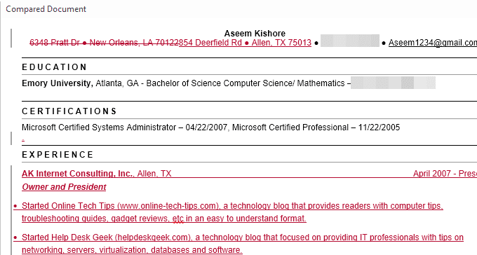 Documentos de Word comparados