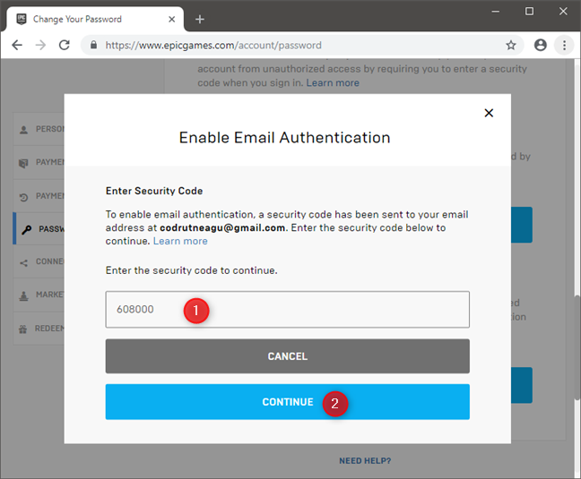 Introducir el código de seguridad recibido por correo electrónico