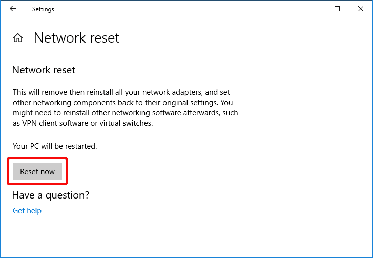 Restablecimiento de red de Windows 10
