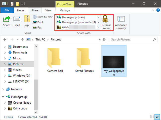 Explorador de archivos, Windows, compartir
