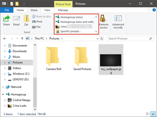 Explorador de archivos, Windows, compartir