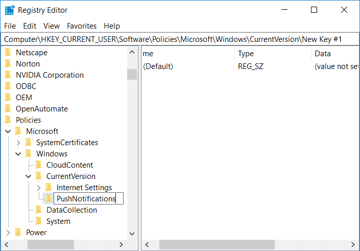 Haga clic con el botón derecho en CurrentVersion, luego seleccione New, luego Key, luego nombre esta clave como PushNotifications