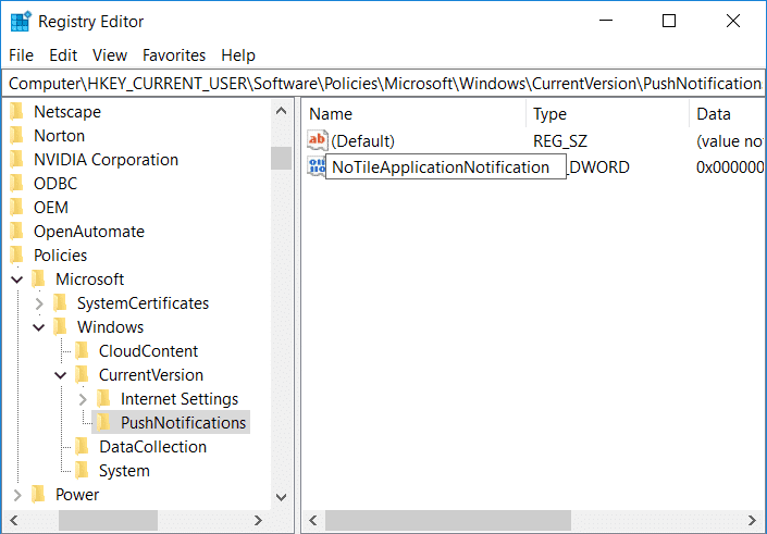 Nombre este nuevo DWORD como NoTileApplicationNotification, luego haga doble clic