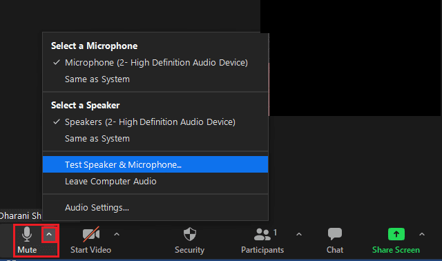 Active el audio en la reunión de Zoom y seleccione el ícono de quilates al lado del micrófono.  Arreglar Zoom Audio no funciona Windows 10