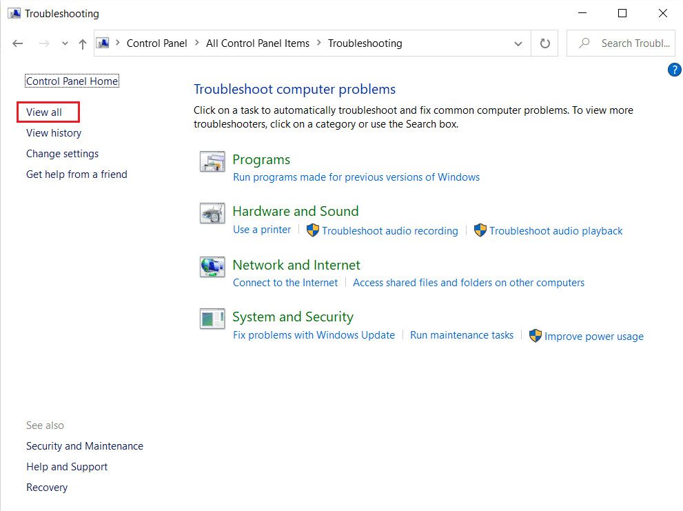 haga clic en la opción Ver todo en el panel izquierdo del menú Solución de problemas en el Panel de control.  Arreglar Zoom Audio no funciona Windows 10
