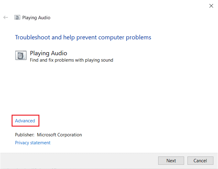 haga clic en la opción Avanzado en el Solucionador de problemas de reproducción de audio.  Arreglar Zoom Audio no funciona Windows 10