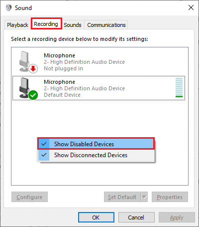 A continuación, cambie a la pestaña Grabación, haga clic con el botón derecho en el espacio vacío y asegúrese de que Mostrar dispositivos deshabilitados esté seleccionado