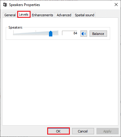 Luego, en la opción Propiedades de los altavoces, cambie a la pestaña Niveles y asegúrese de que el valor de los altavoces esté configurado al máximo.  Arreglar Zoom Audio no funciona Windows 10