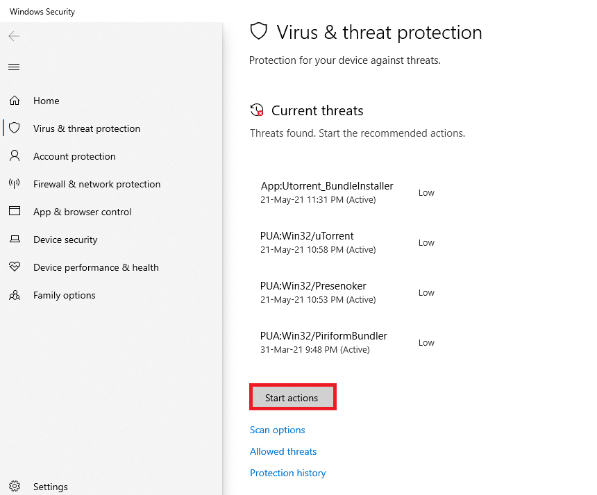Haga clic en Iniciar acciones en Amenazas actuales