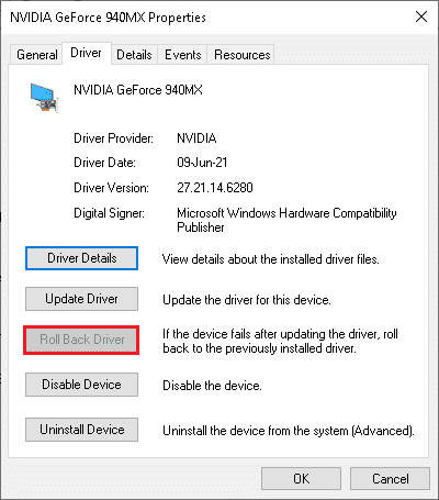 Cambie a la pestaña Driver y seleccione Roll Back Driver, como se muestra.  Arreglar el alto uso de CPU de Ntoskrnl.exe