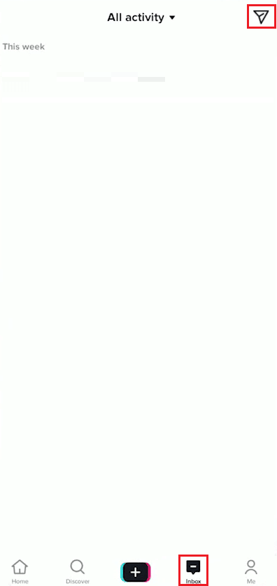 Toca la pestaña Bandeja de entrada - Toca el icono del avión de papel |  unirse a la cuenta del grupo TikTok