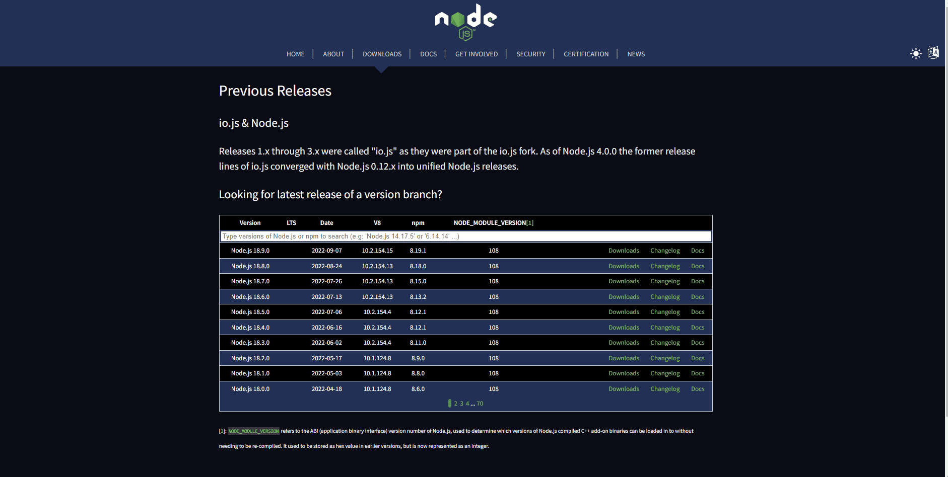 página de lanzamiento anterior de node js