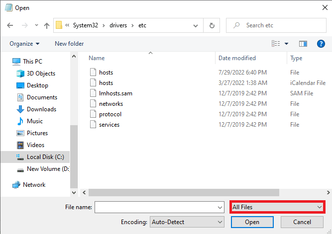 Seleccione el tipo de extensión como Todos los archivos.  Solucionar error ocurrido al intentar realizar una solicitud de proxy