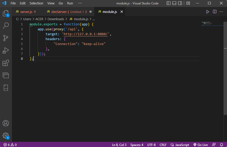 código de la aplicación del módulo node js