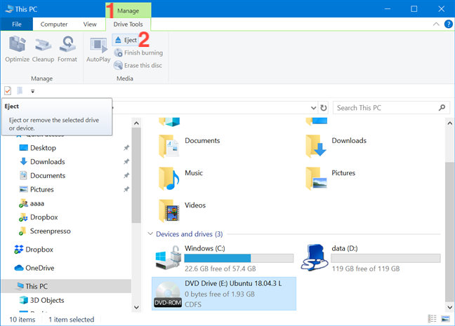 Presione Administrar y luego Expulsar para desmontar el archivo ISO