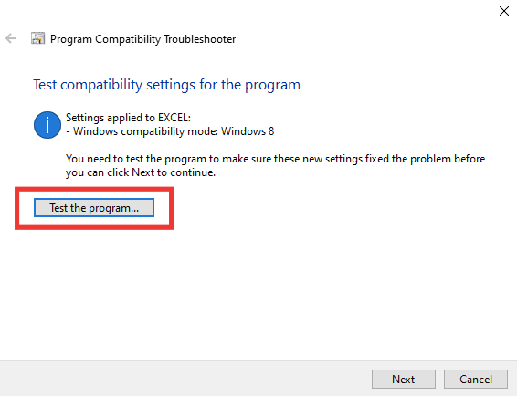 haga clic en Probar el programa