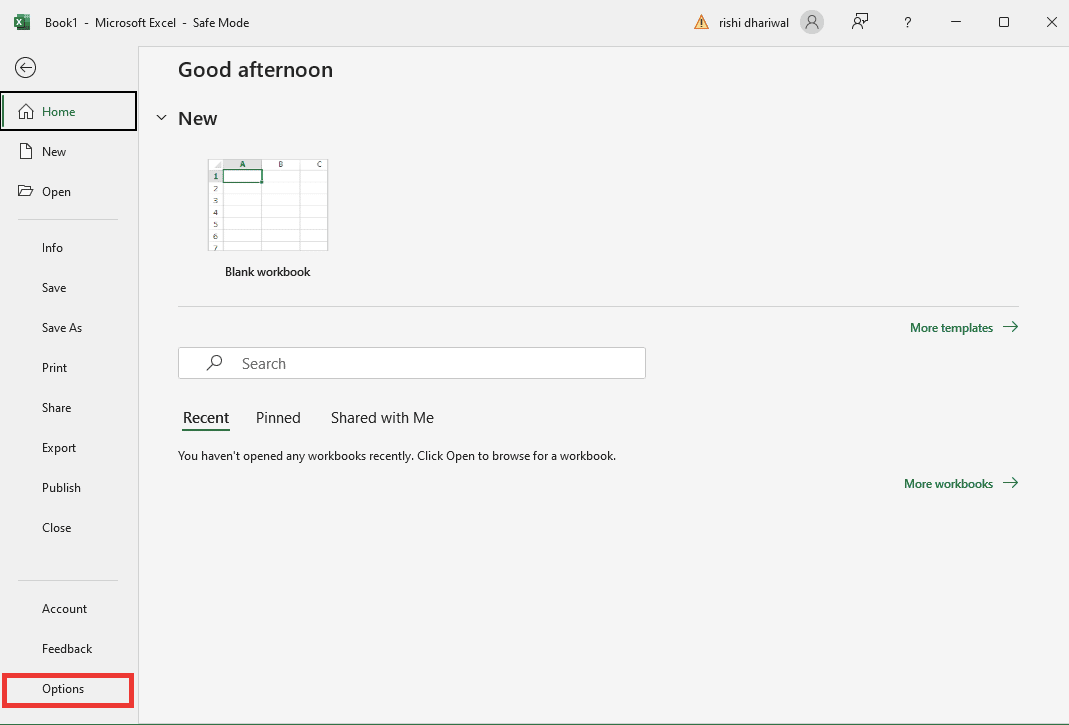 haga clic en Opciones.  Arreglar Excel se ha encontrado con un error