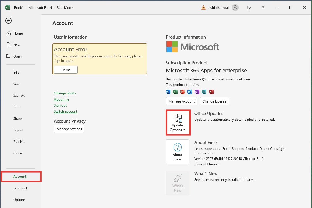 Vaya a la pestaña Cuenta y haga clic en Actualizar opciones