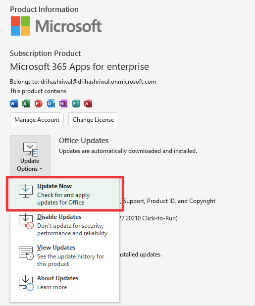 haga clic en Actualizar ahora.  Arreglar Excel se ha encontrado con un error