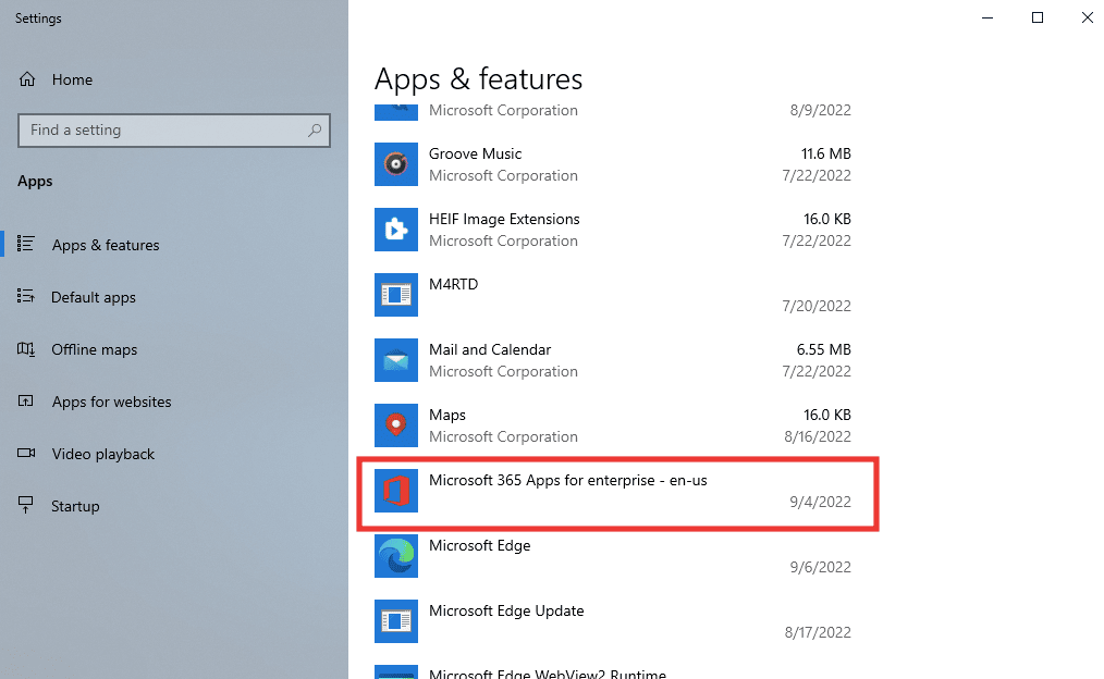 Desplácese hacia abajo y haga clic en la aplicación Microsoft 365