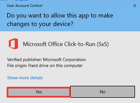 Haga clic en Sí para otorgar permiso