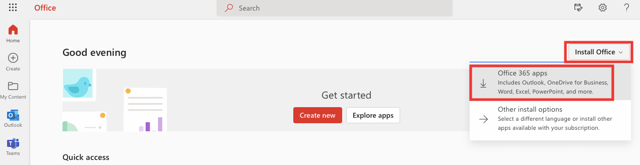 haga clic en instalar Office y luego haga clic en aplicaciones de Office 365