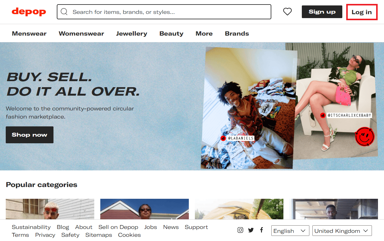 Visite el sitio de Depop y haga clic en Iniciar sesión en la esquina superior derecha