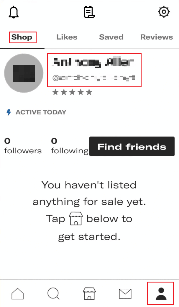 Su nombre de usuario de Depop se encuentra debajo de su foto de perfil en la pestaña Cuenta - Tienda