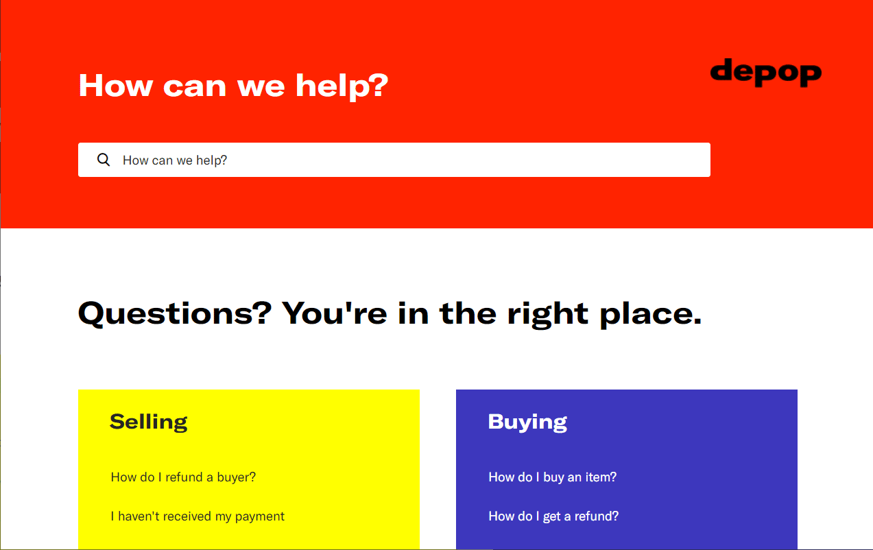 Página de soporte de Depop