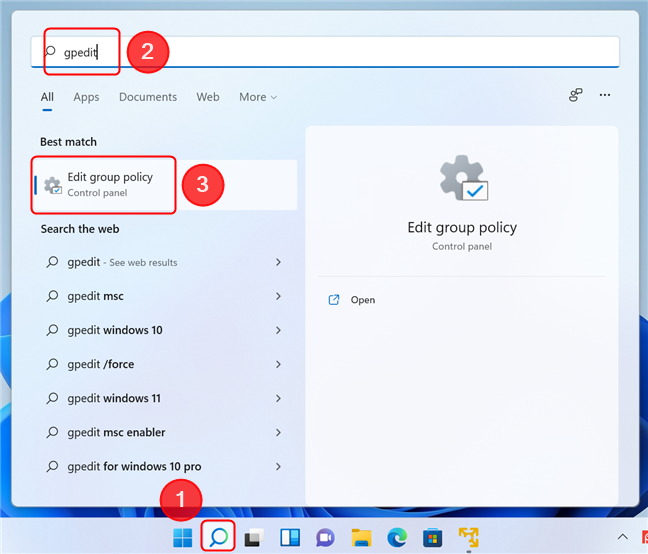 Abra el Editor de directivas de grupo local utilizando Buscar en Windows 11