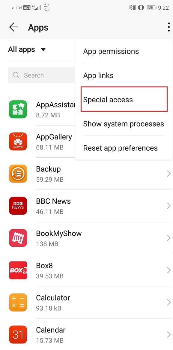 Haga clic en la opción Acceso especial del menú desplegable
