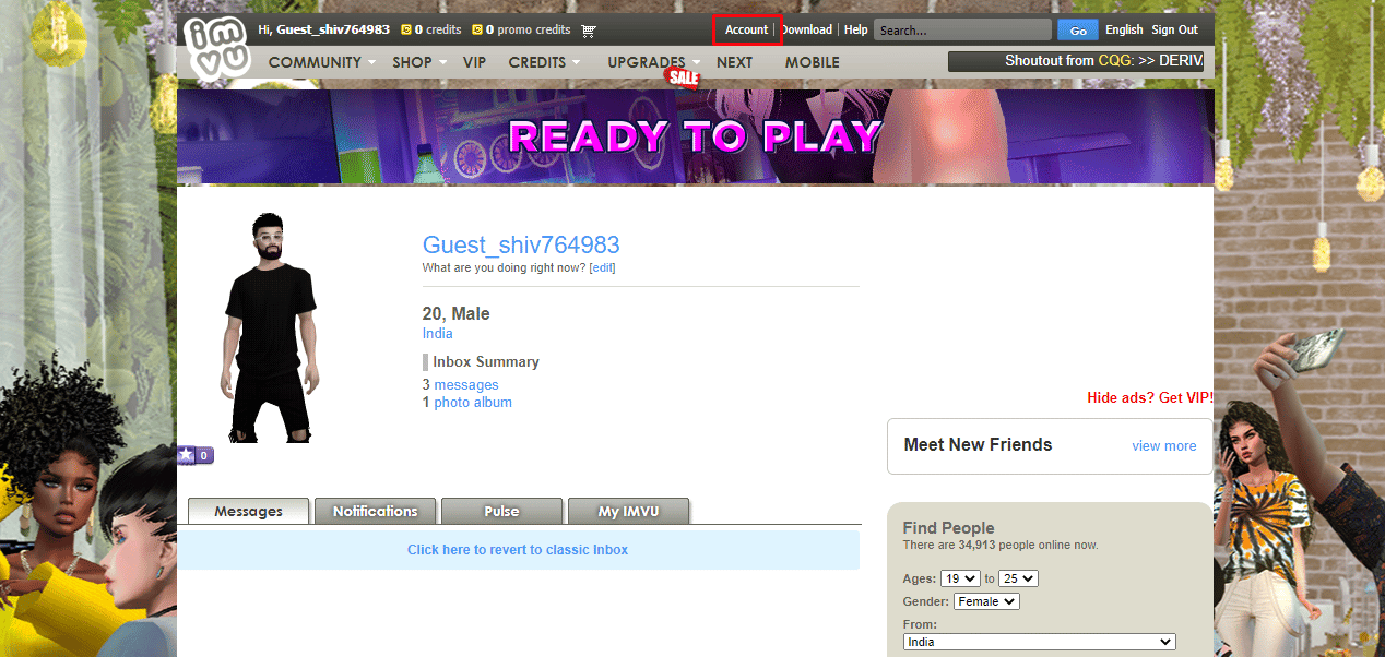 En la página de inicio de IMVU, haga clic en la opción Cuenta para abrir la página de configuración de la cuenta. 